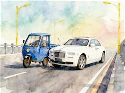 水彩画:老头乐逆行撞劳斯莱斯