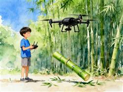 水彩画:小伙用无人机吊运竹子