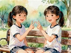 水彩画:双胞胎姐妹玩石头剪刀布默契度100%