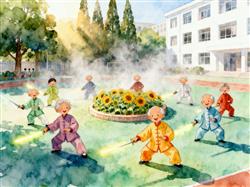 水彩画:老人早上在操场舞剑