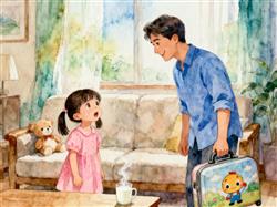 水彩画:爸爸瞒着孩子回家，女儿喜极而泣