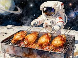 水彩画:宇航员在太空烤鸡翅