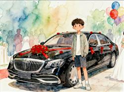 水彩画:小伙花170万买迈巴赫跑婚车