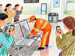 水彩画:保洁员认真擦座椅意外走红