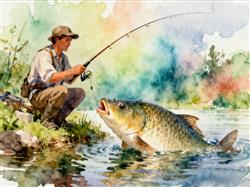 水彩画:大哥正钓鱼，30斤大鱼游过来要吃的