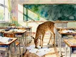 水彩画:鹿跑进教室吃起了学生试卷