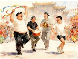 水彩画:敲锣打鼓迎节气！