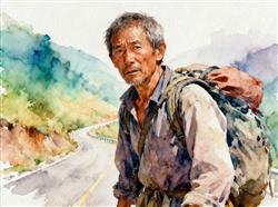水彩画:53岁男子50天徒步1500公里回家