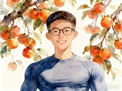 水彩画:95后“最帅村干部”柿子树前秀肌肉