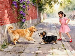 水彩画:狗狗路边打架，小主人霸气劝架