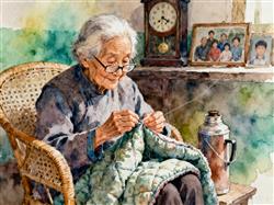 水彩画:115岁老人，90多还为重孙做棉衣