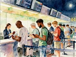 水彩画:凌晨4点一群外国人在机场排队等什么