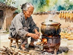 水彩画:80岁老太使用“传家锅”34年