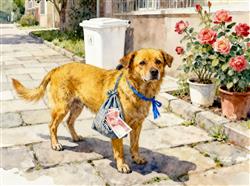 水彩画:老狗身挂几百元在小区求收养