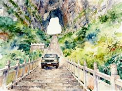 水彩画:汽车攀爬天门山天梯