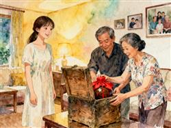 水彩画:女子即将结婚,父母取出封存的女儿红