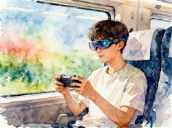 水彩画:小伙高铁上用AI眼镜玩游戏