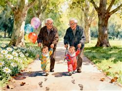 水彩画:双胞胎同步当爷爷一起遛娃双倍甜