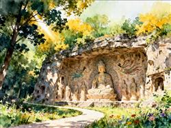 水彩画:丹青刻岁月,石窟映千年