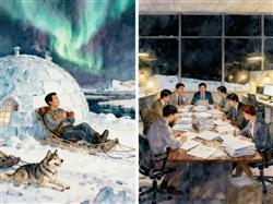 水彩画:老板在南极, 员工在加班