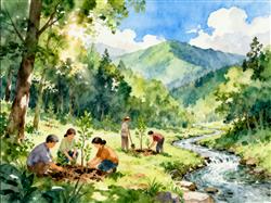 水彩画:为子孙万代计，为长远发展谋