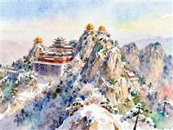 水彩画:老君山下雪了