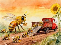 水彩画:蜂王带蜜蜂搬家上车