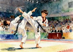 水彩画:小男孩跆拳道比赛后旋踢惊艳全场