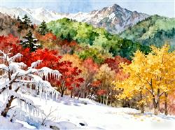 水彩画:秦岭雪后出现夏秋冬“分层”美景