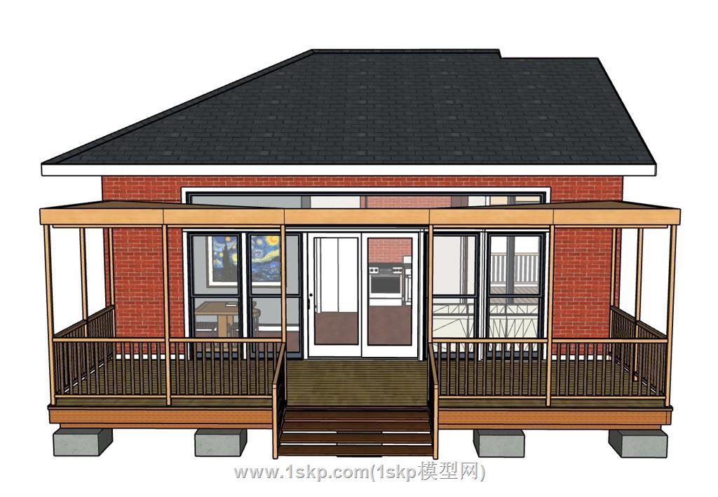 欧式红砖平房住宅sketchup模型库免费下载(ID93689)上传日期是2023-09-21