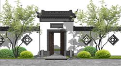 中式院门入户门围墙su模型(ID90691)