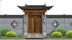 中式屋檐入户门院门围墙su模型(ID90706)