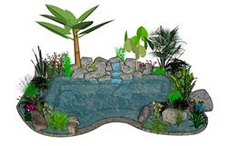 水池景观石块花草su模型(ID92905)