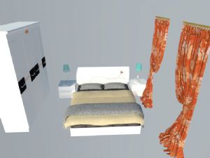 现代衣柜-窗帘-床铺-床头柜-桌灯