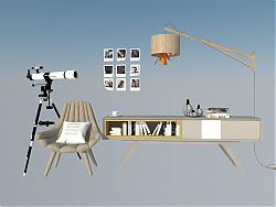 客厅边桌柜-沙发椅-落地灯-书本-望远镜su模型
