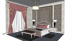 欧式卧室床铺-窗帘su模型