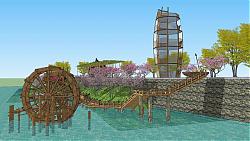 滨水景观-木栈道-水轮车-风力发电-景观塔su模型